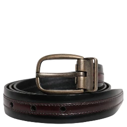 Black Burgundy Calfskin Metal Logo Buckle Belt