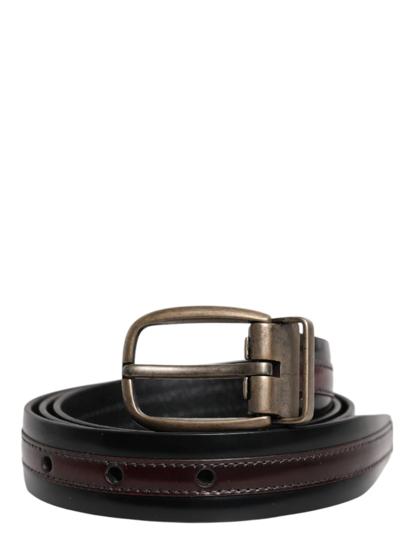 Black Burgundy Calfskin Metal Logo Buckle Belt