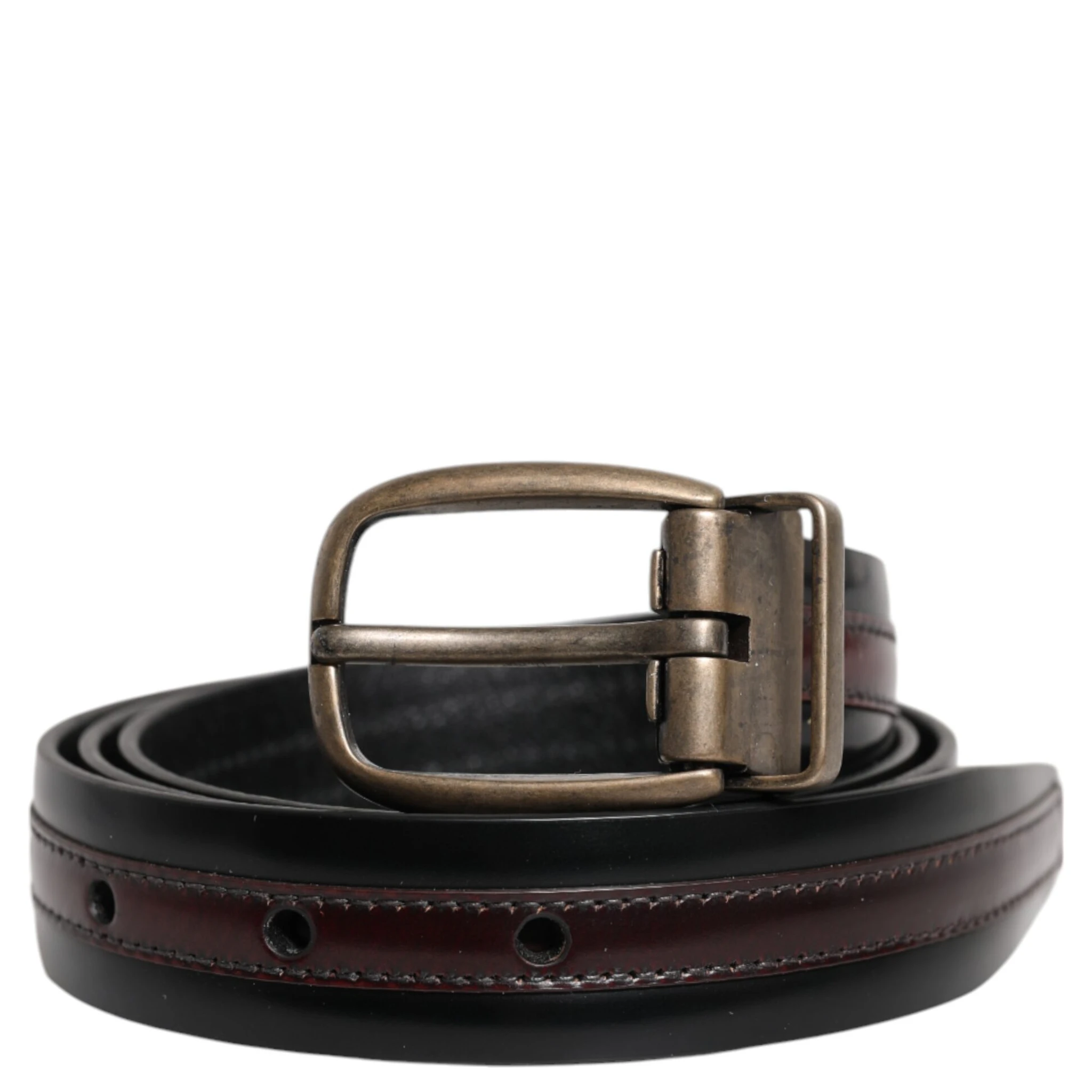 Black Burgundy Calfskin Metal Logo Buckle Belt