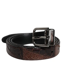 Brown Exotic Leather Metal Logo Buckle Belt