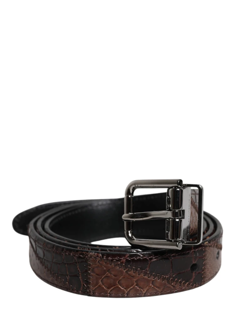 Brown Exotic Leather Metal Logo Buckle Belt