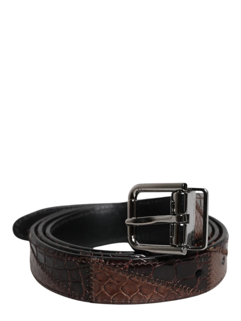 Brown Exotic Leather Metal Logo Buckle Belt