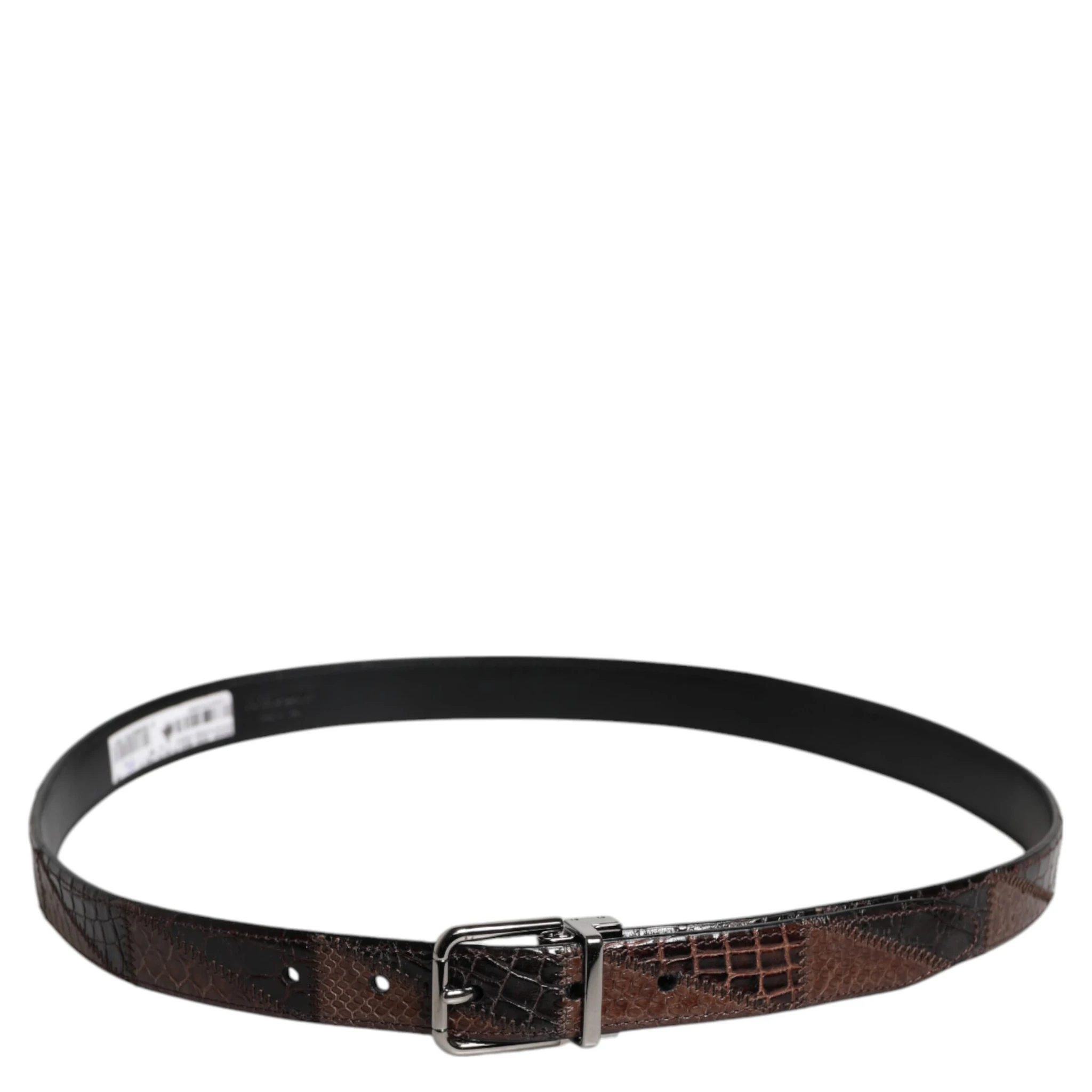 Brown Exotic Leather Metal Logo Buckle Belt
