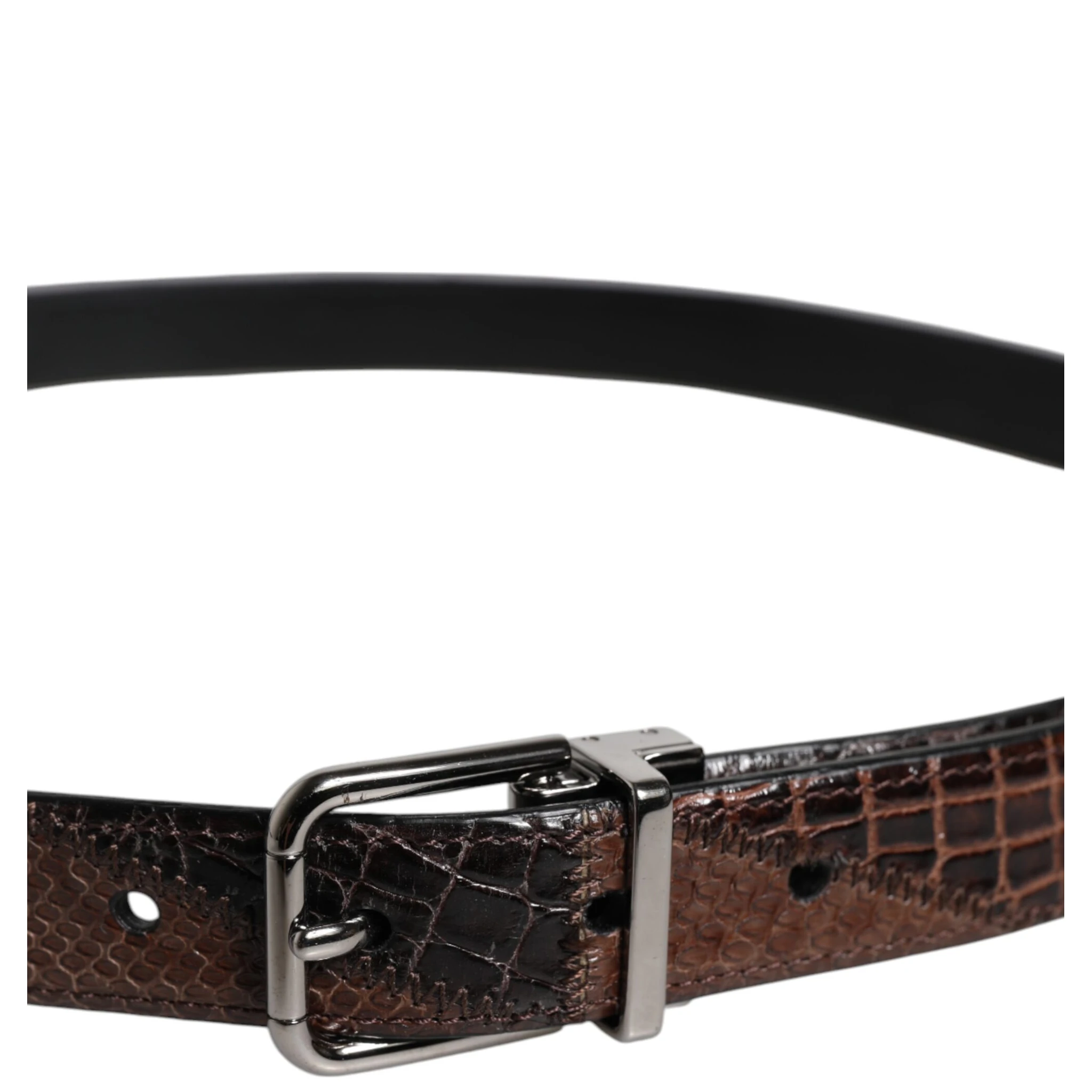 Brown Exotic Leather Metal Logo Buckle Belt