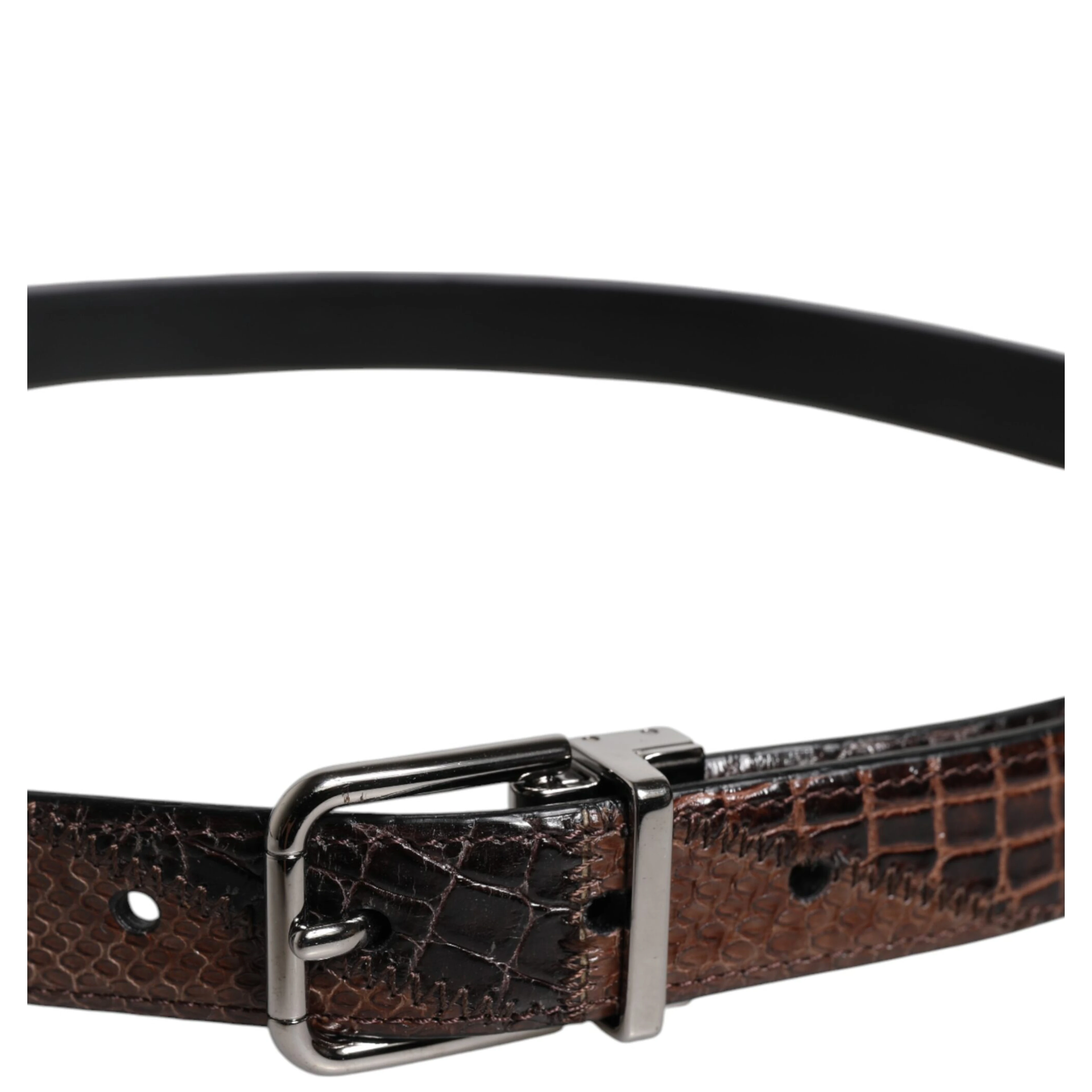 Brown Exotic Leather Metal Logo Buckle Belt