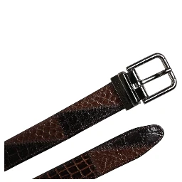 Brown Exotic Leather Metal Logo Buckle Belt