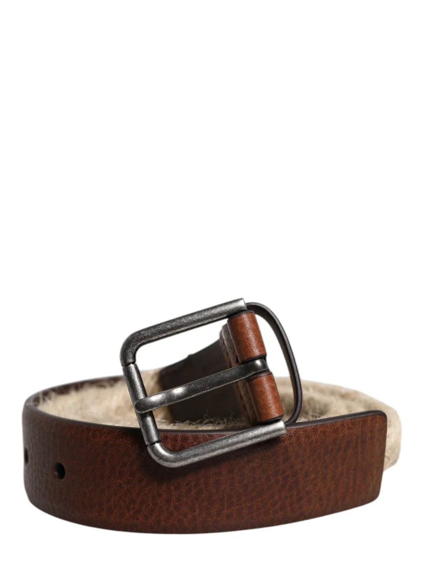 Brown Jute Leather Woven Metal Buckle Belt
