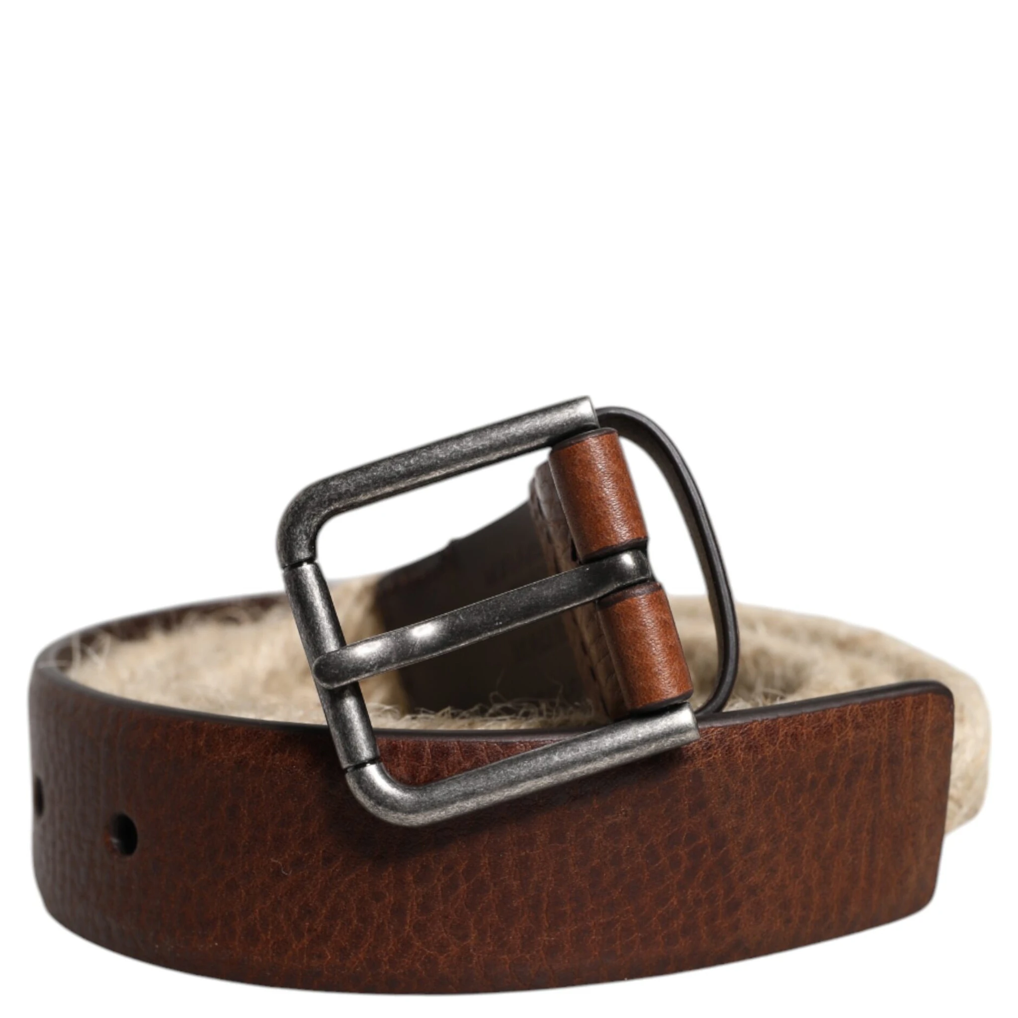 Brown Jute Leather Woven Metal Buckle Belt