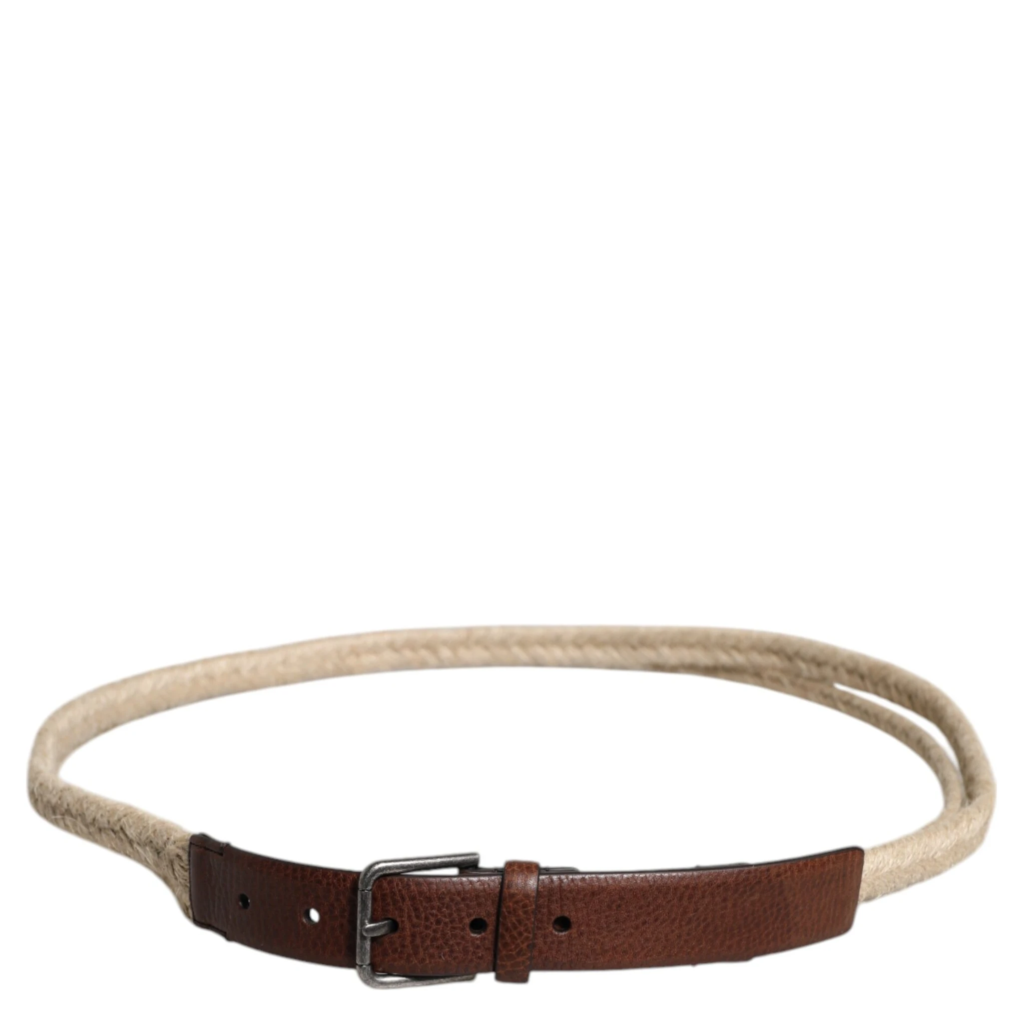 Brown Jute Leather Woven Metal Buckle Belt