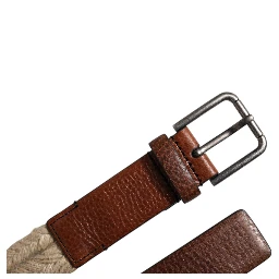 Brown Jute Leather Woven Metal Buckle Belt