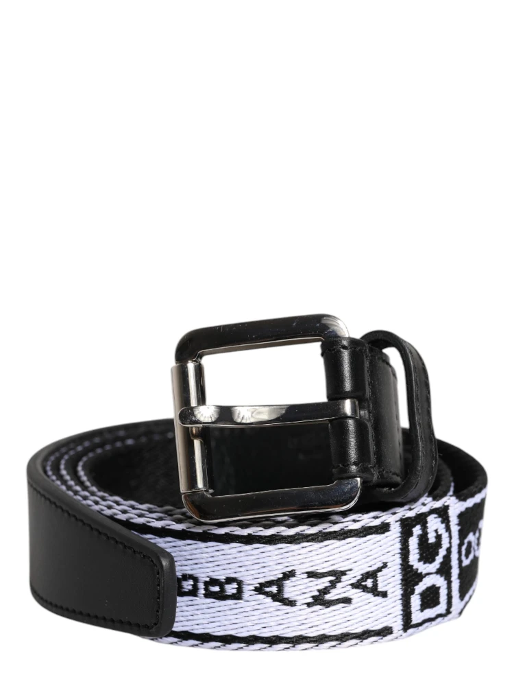 Black White Printed Metal Logo Buckle Belt
