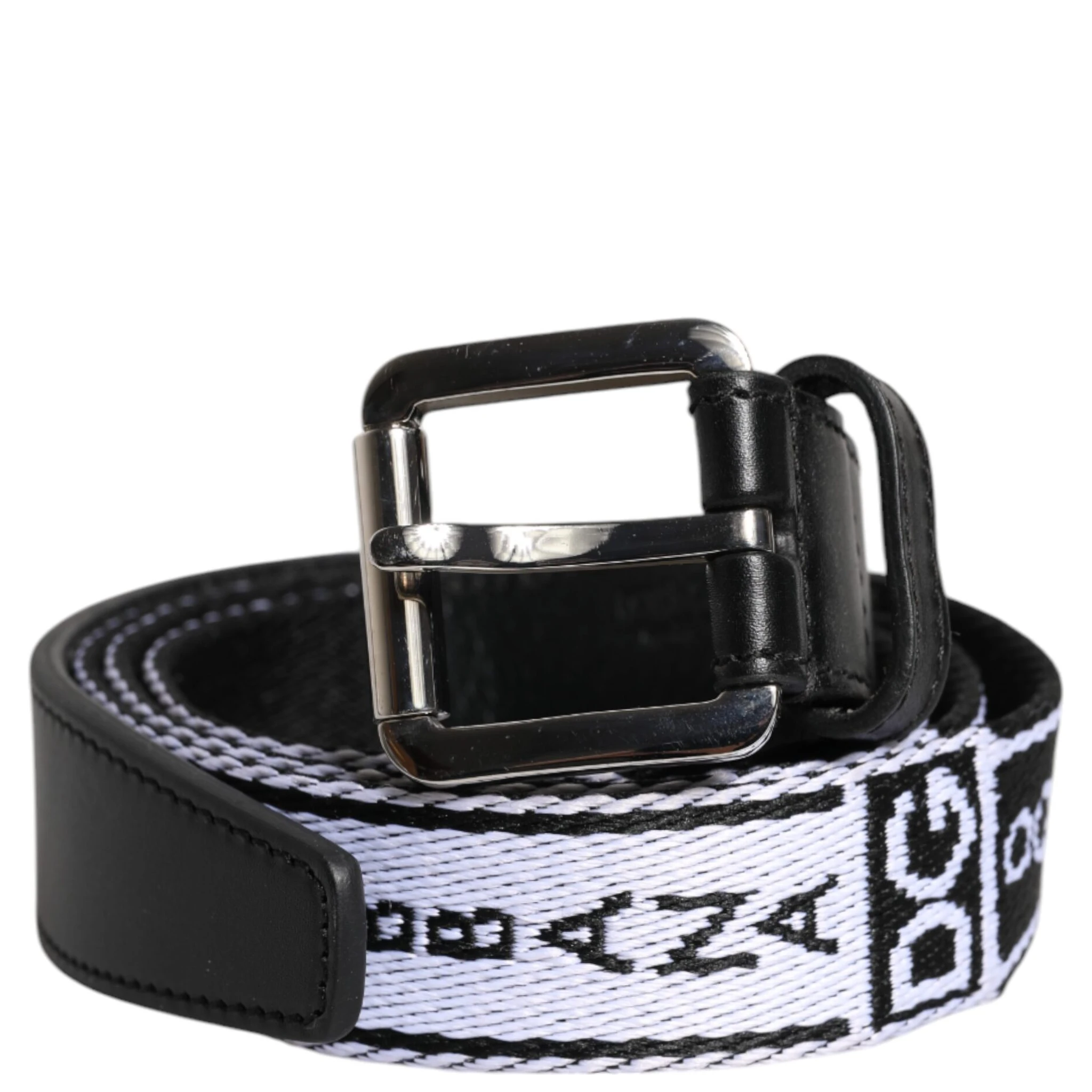 Black White Printed Metal Logo Buckle Belt