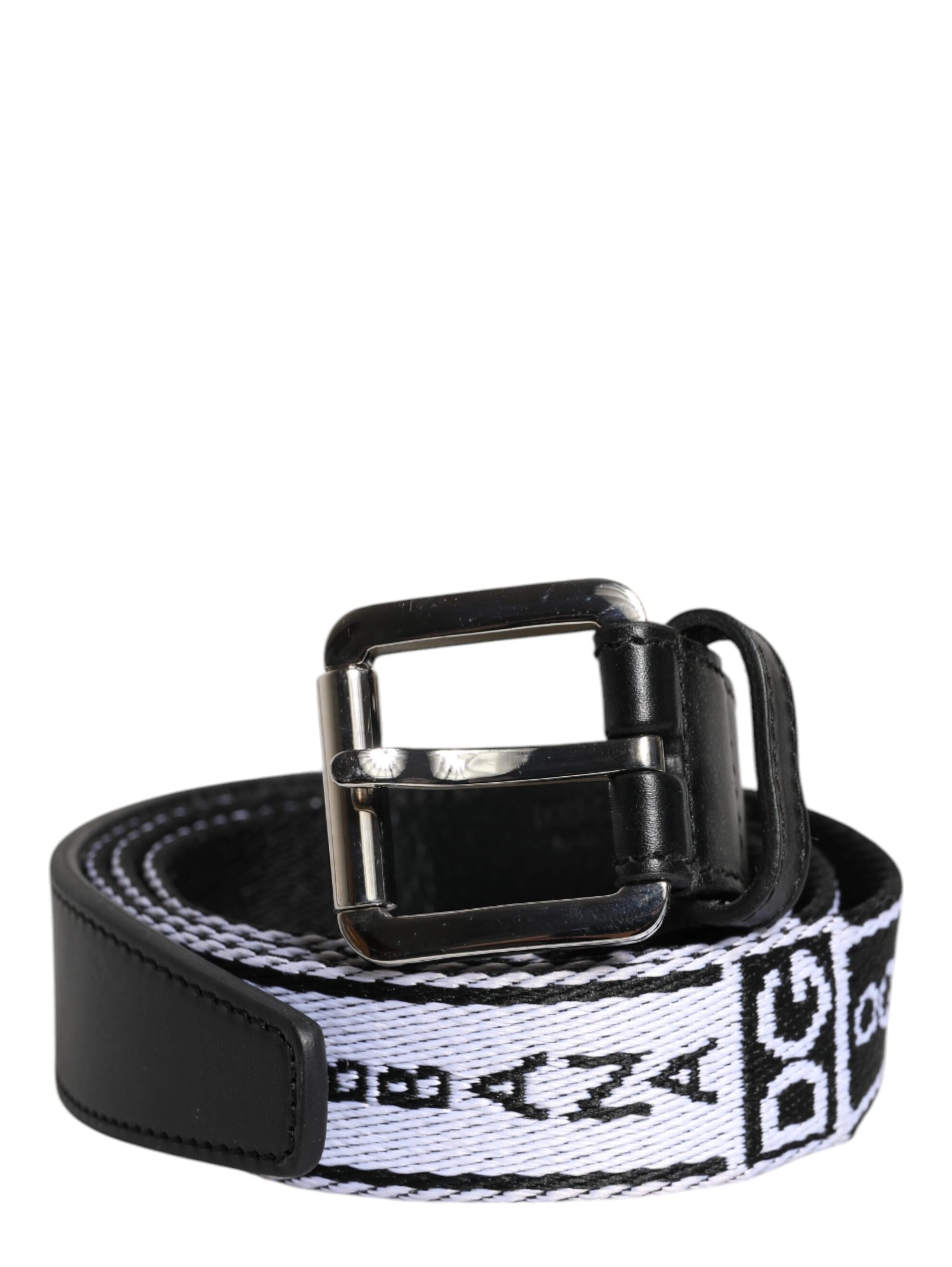 Black White Printed Metal Logo Buckle Belt