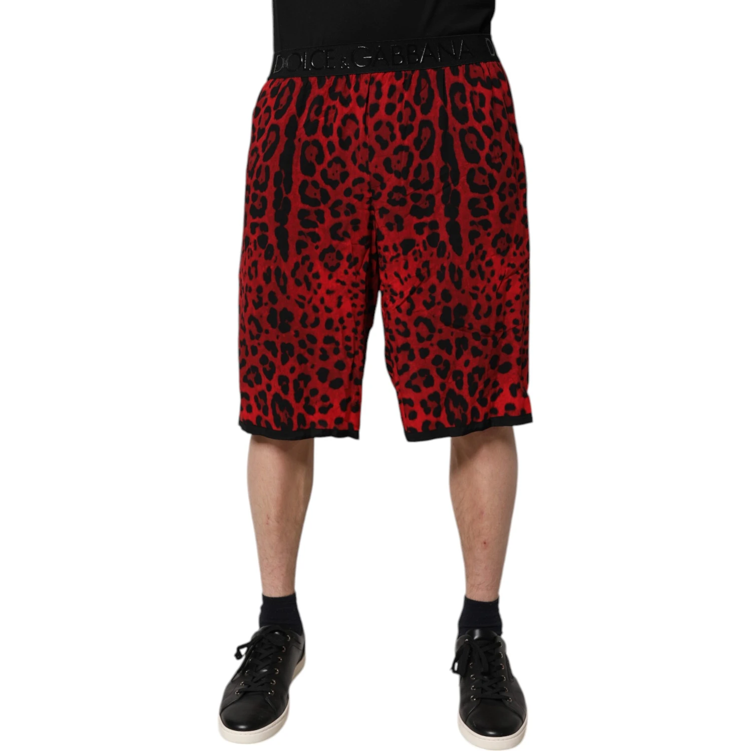 Red Leopard Print Viscose Bermuda Shorts