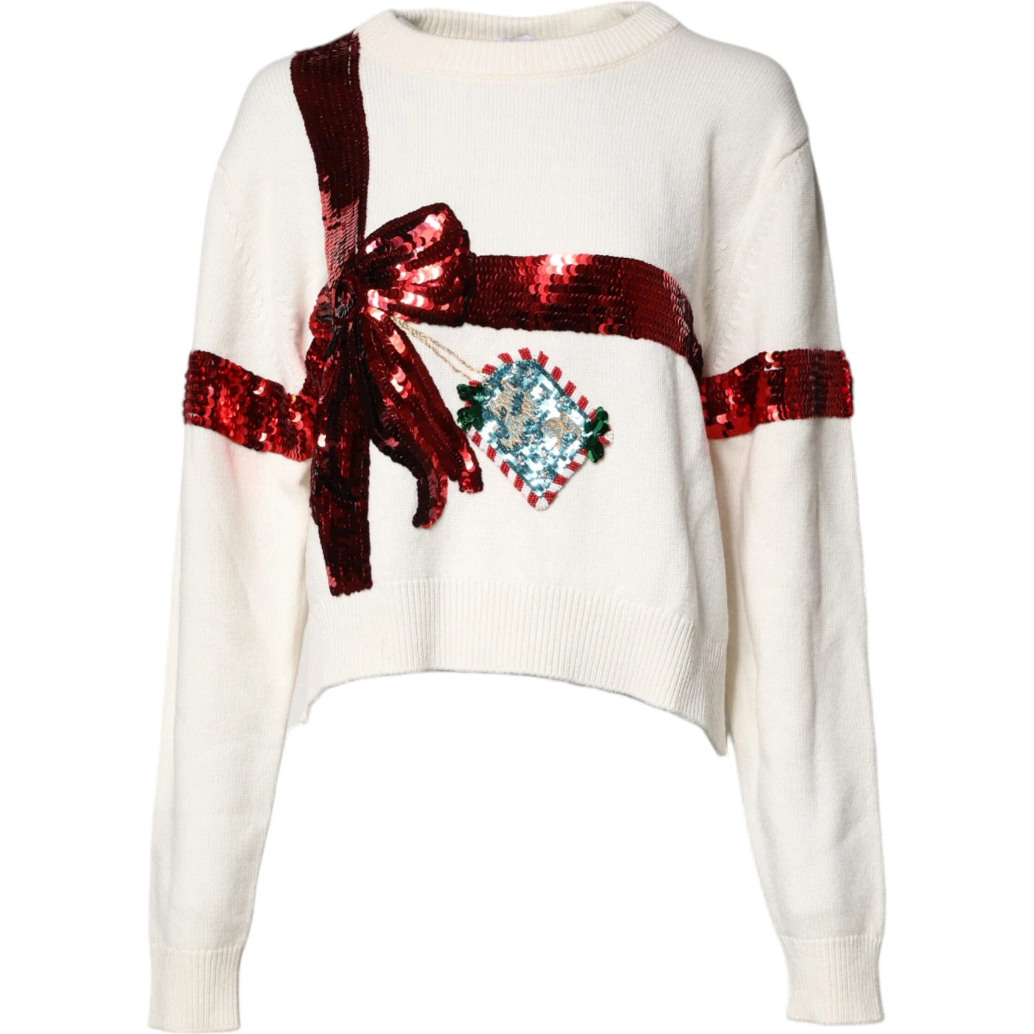 White Sequined Crew Neck Pullover Sweater