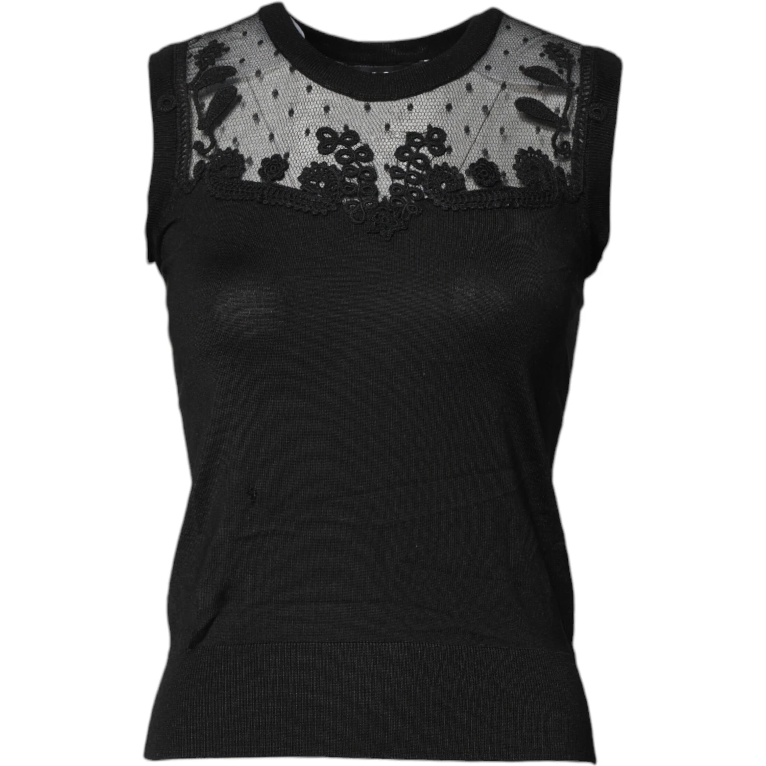 Black Lace Sheer Crew Neck Sleeveless Top
