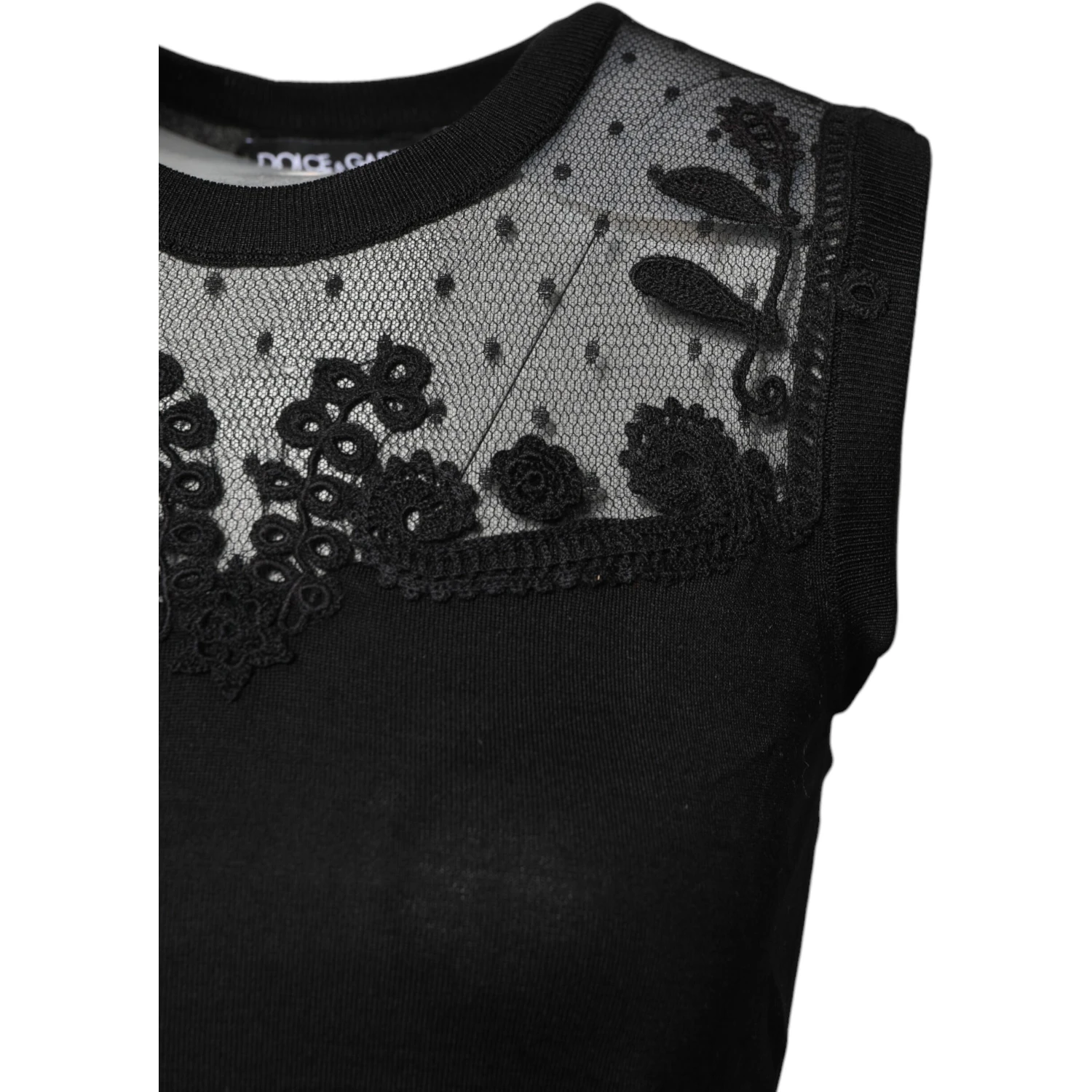 Black Lace Sheer Crew Neck Sleeveless Top