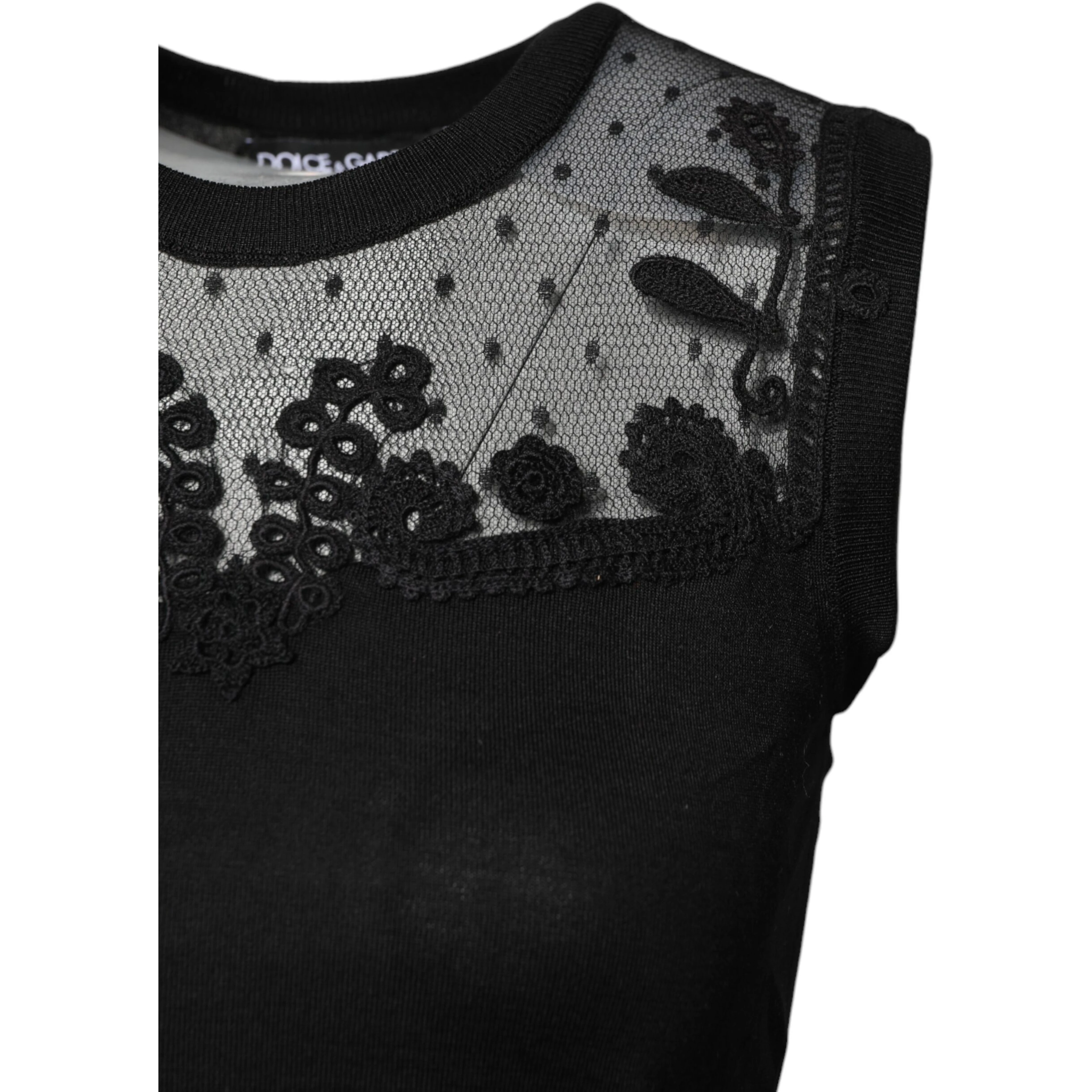 Black Lace Sheer Crew Neck Sleeveless Top