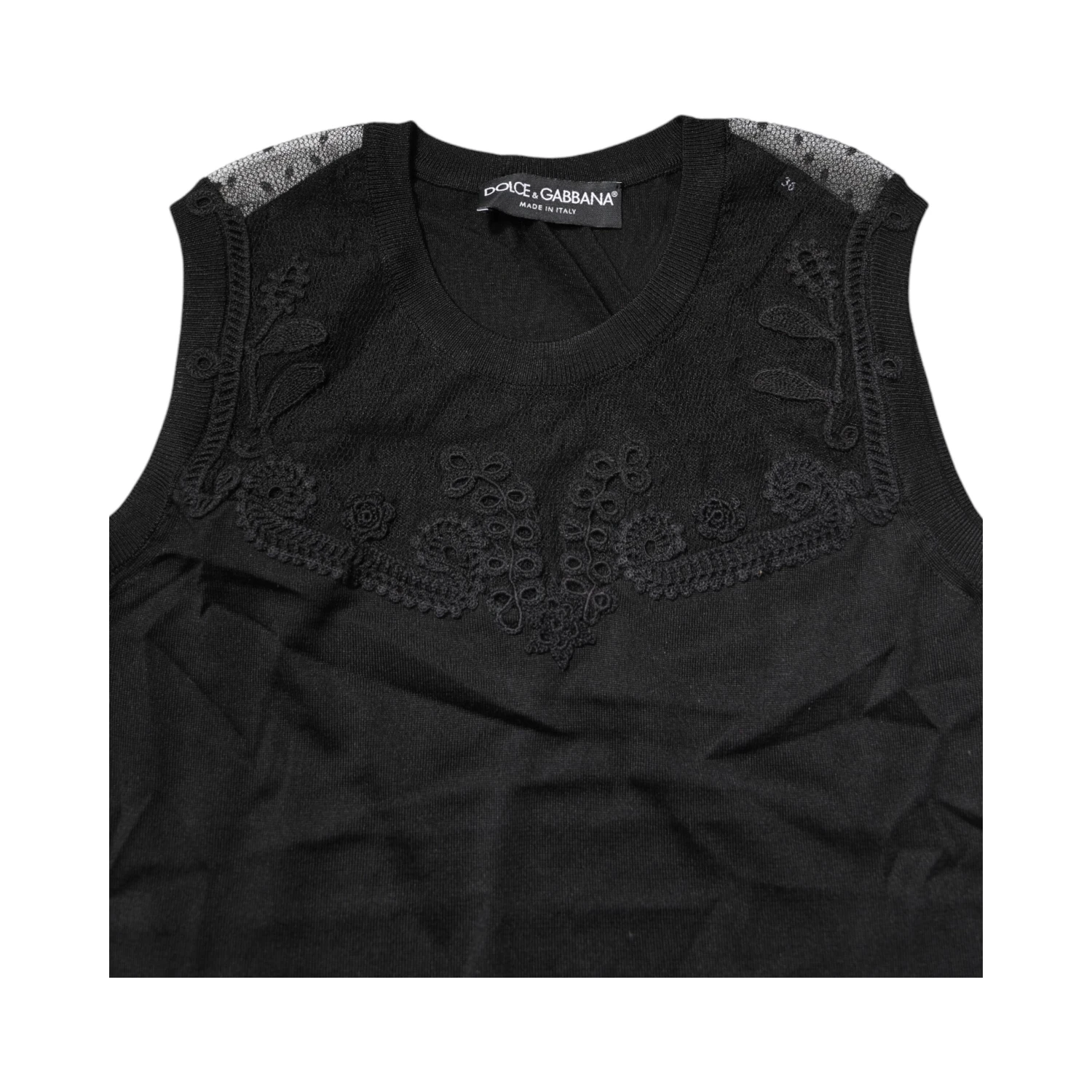 Black Lace Sheer Crew Neck Sleeveless Top