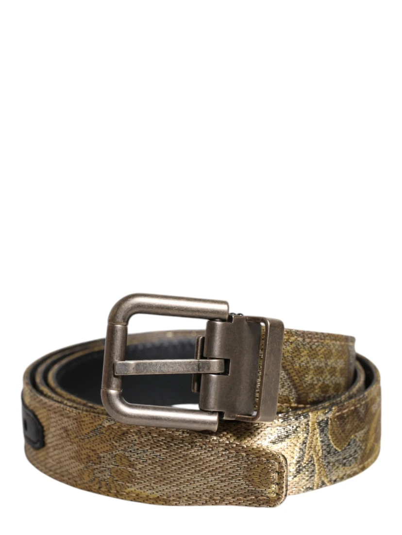 Gold Leather Jacquard Silver Metal Buckle Belt