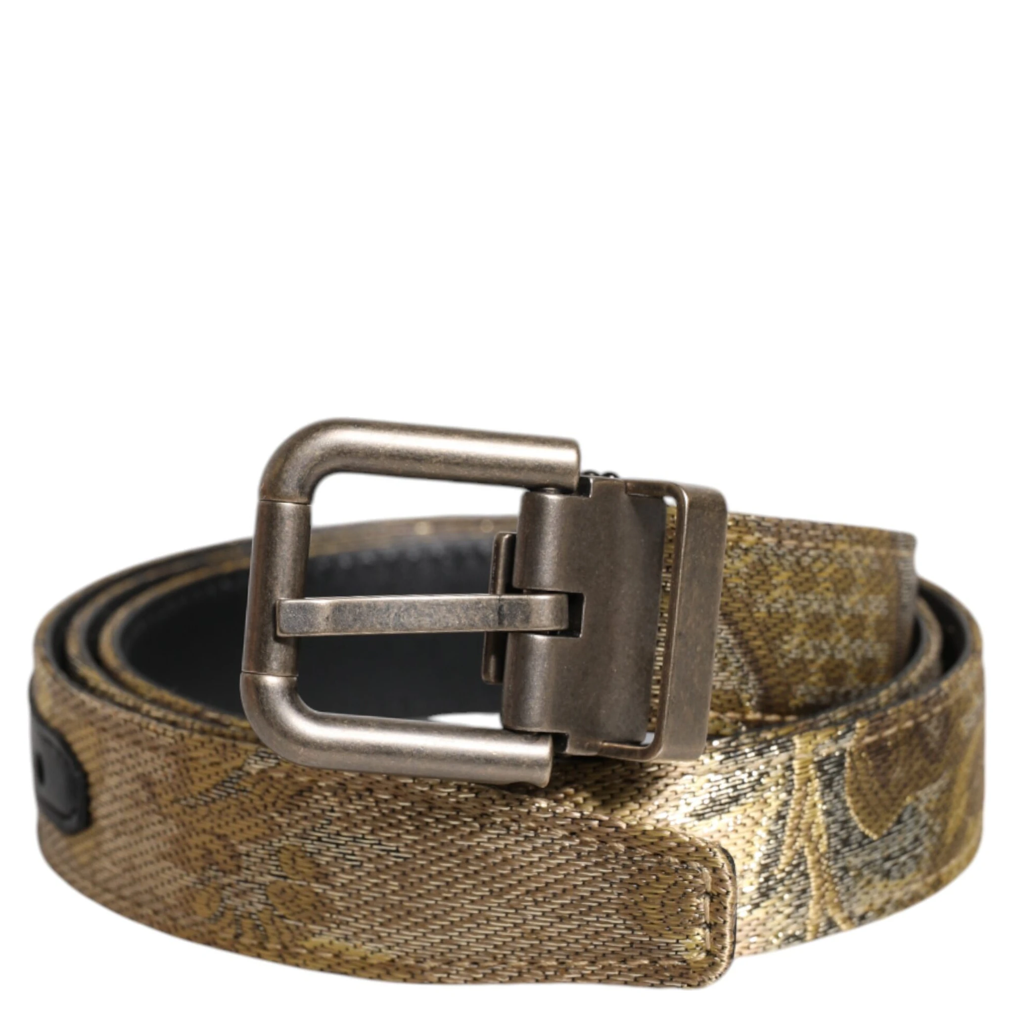 Gold Leather Jacquard Silver Metal Buckle Belt