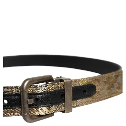 Gold Leather Jacquard Silver Metal Buckle Belt