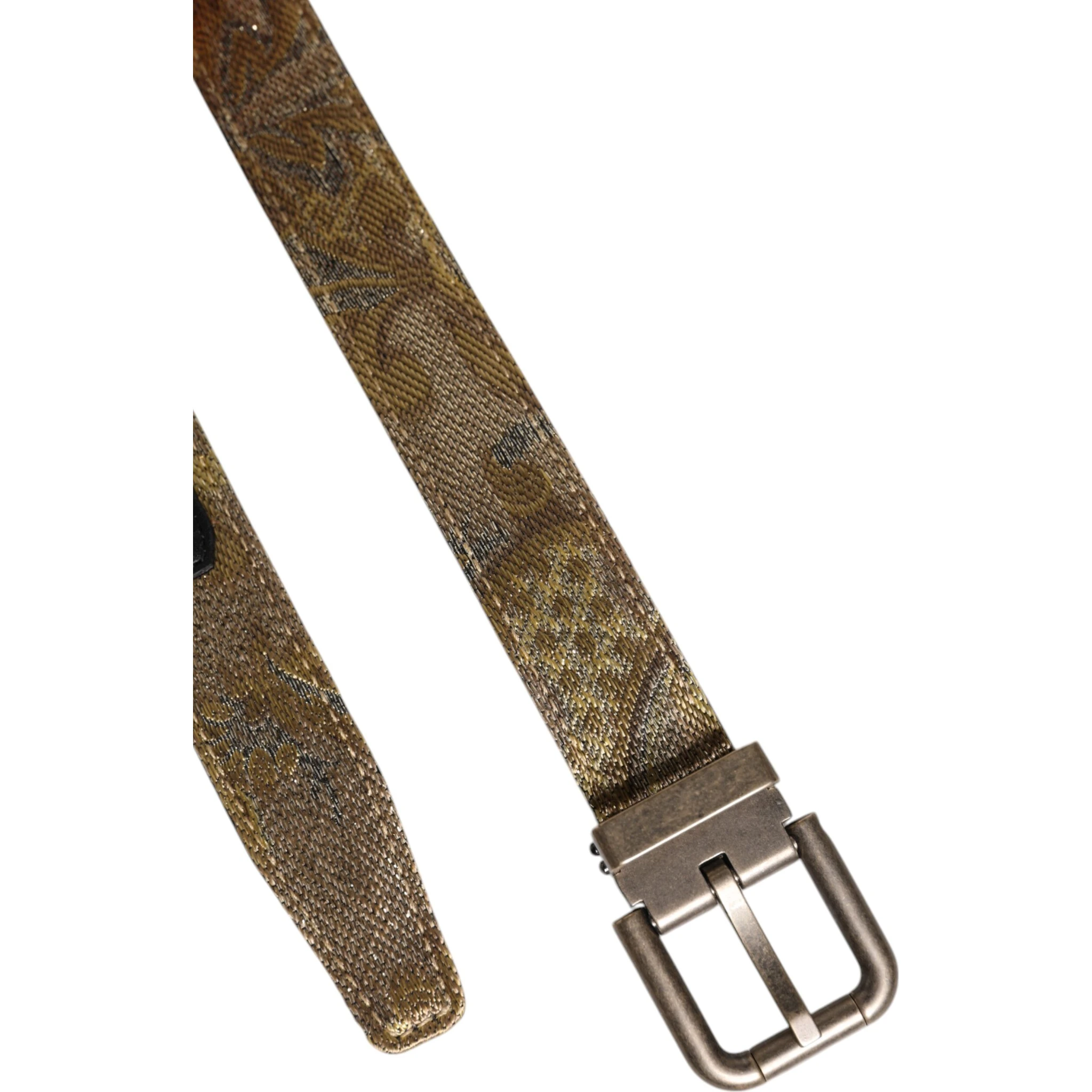 Gold Leather Jacquard Silver Metal Buckle Belt
