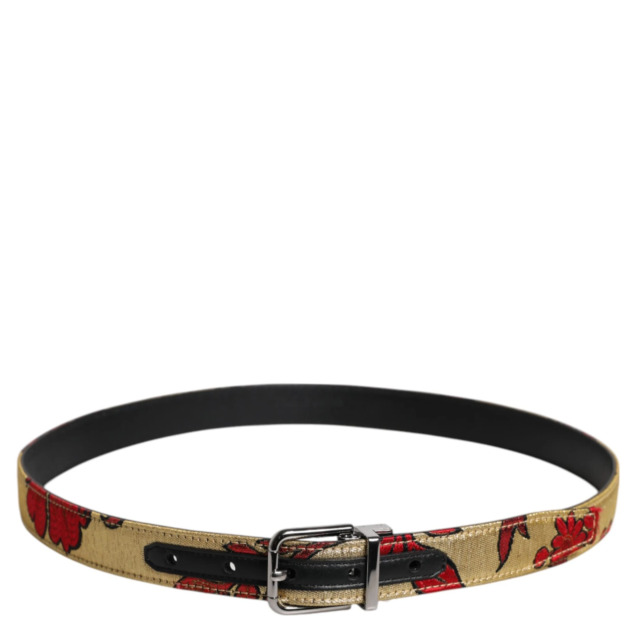 Gold Floral Jacquard Leather Metal Buckle Belt