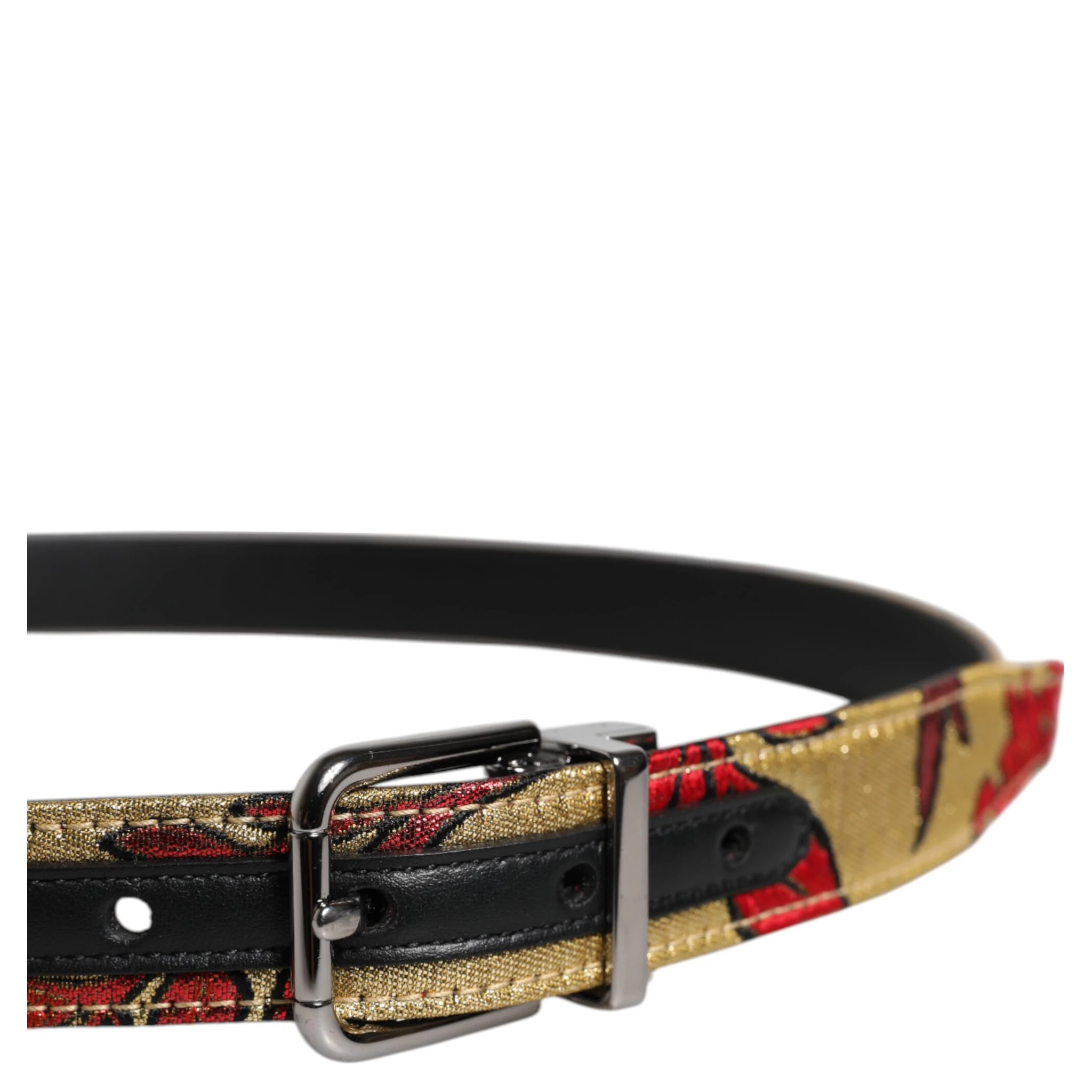 Gold Floral Jacquard Leather Metal Buckle Belt