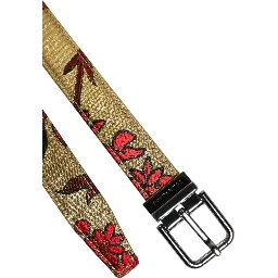 Gold Floral Jacquard Leather Metal Buckle Belt