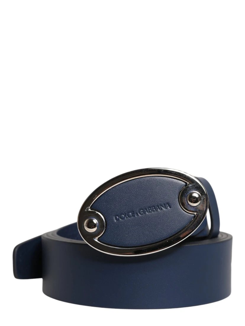 Blue Leather Classic Metal Logo Buckle Belt