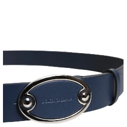Blue Leather Classic Metal Logo Buckle Belt