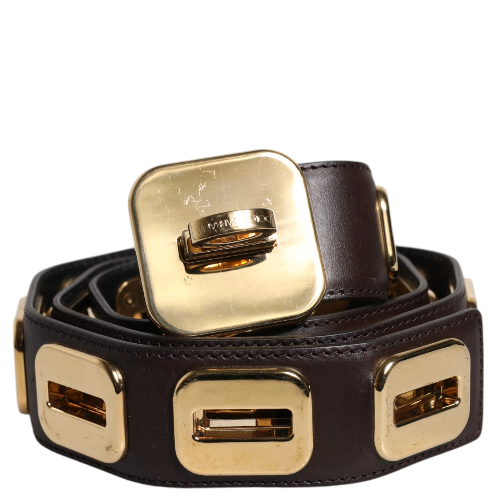 Dark Brown Leather Gold Rotating Buckle Belt