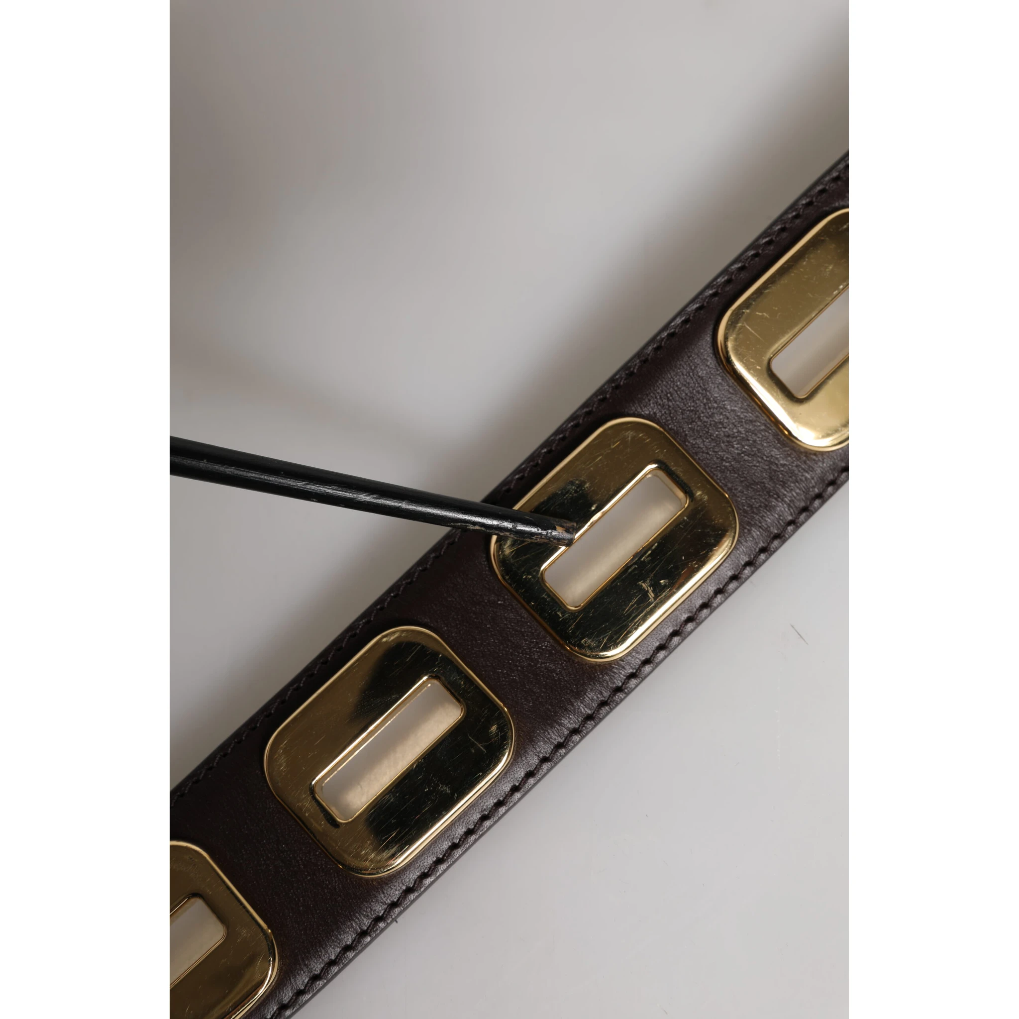 Dark Brown Leather Gold Rotating Buckle Belt