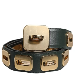 Green Leather Gold Tone Rotating Buckle Belt