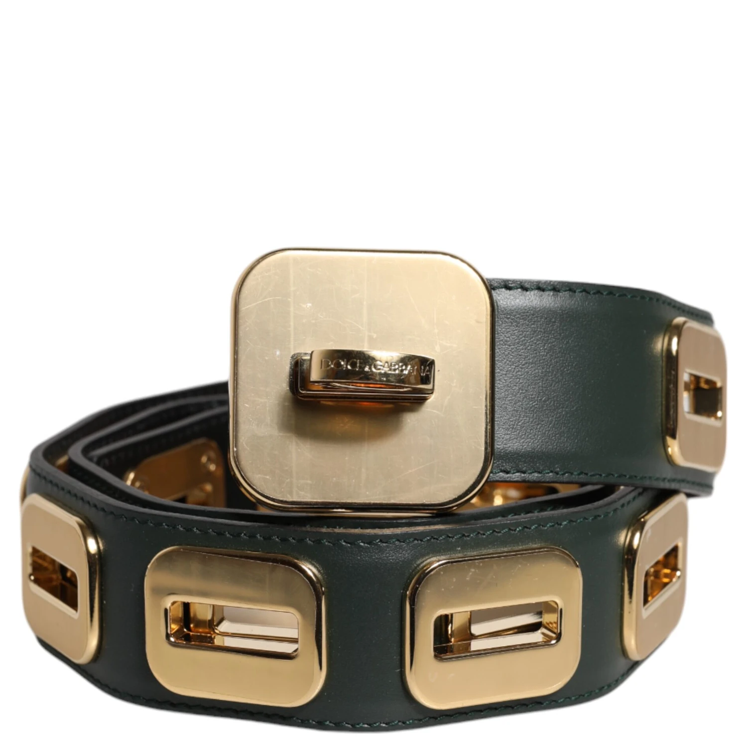 Green Leather Gold Tone Rotating Buckle Belt