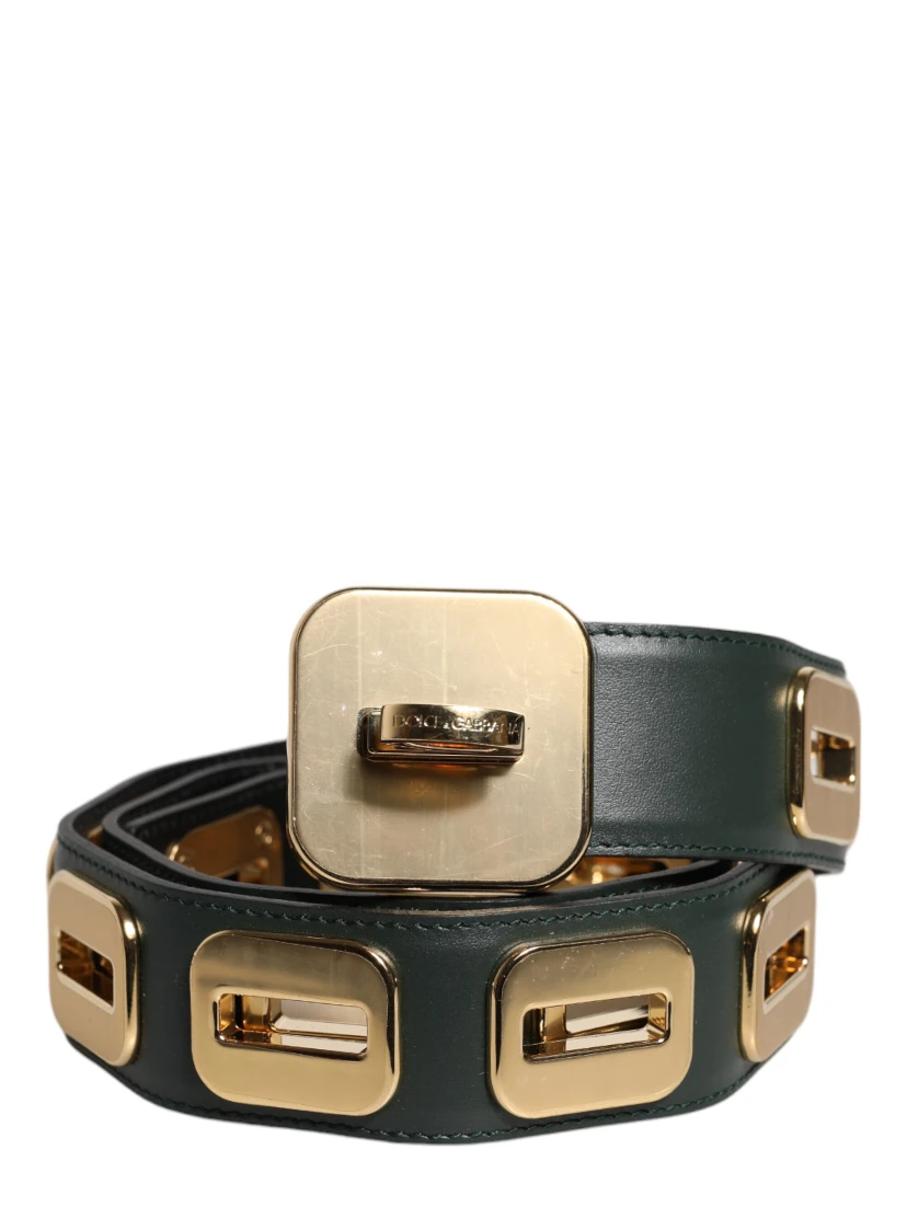 Green Leather Gold Tone Rotating Buckle Belt