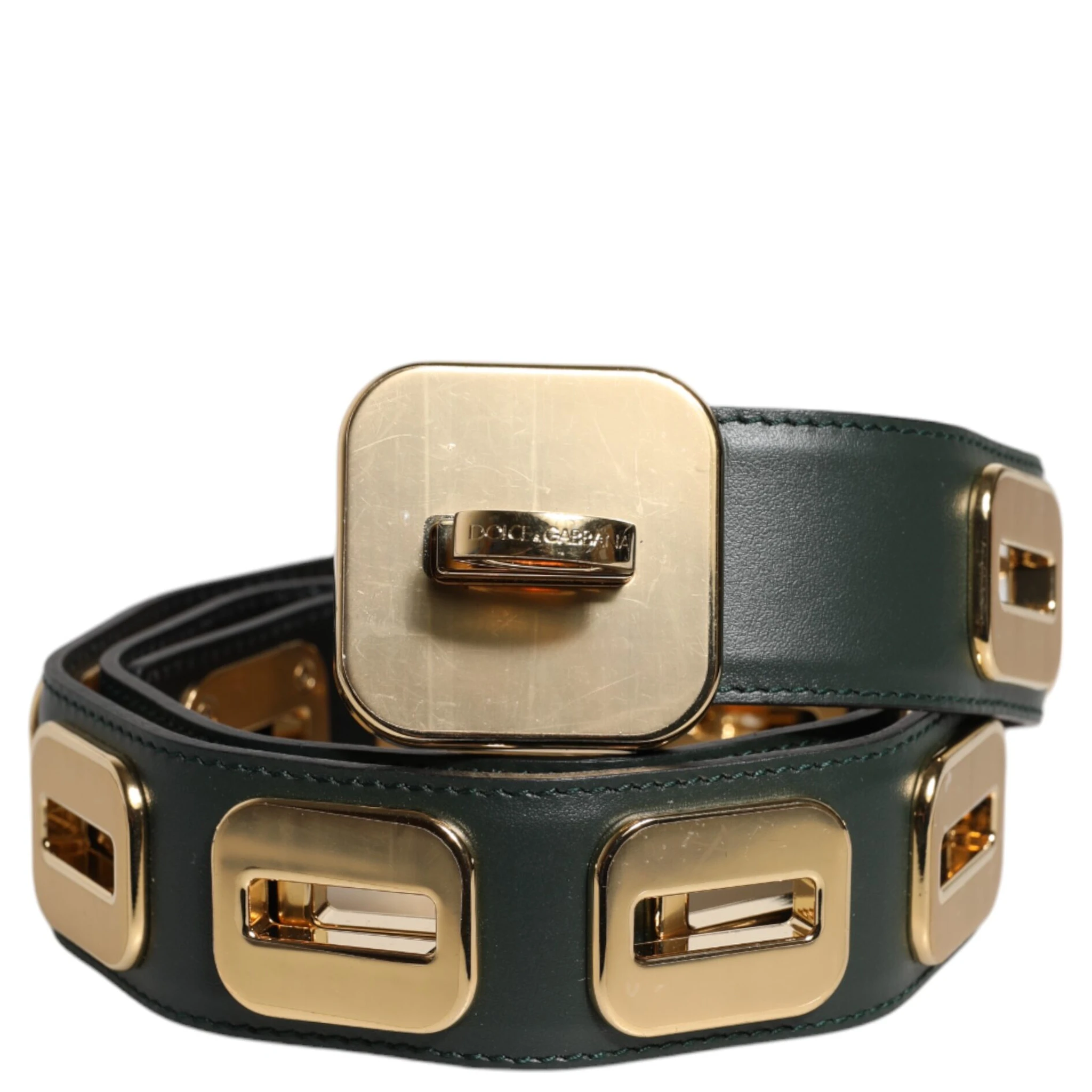 Green Leather Gold Tone Rotating Buckle Belt