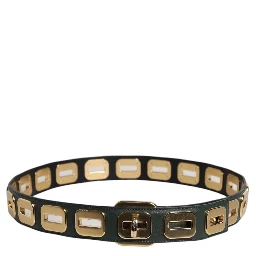 Green Leather Gold Tone Rotating Buckle Belt