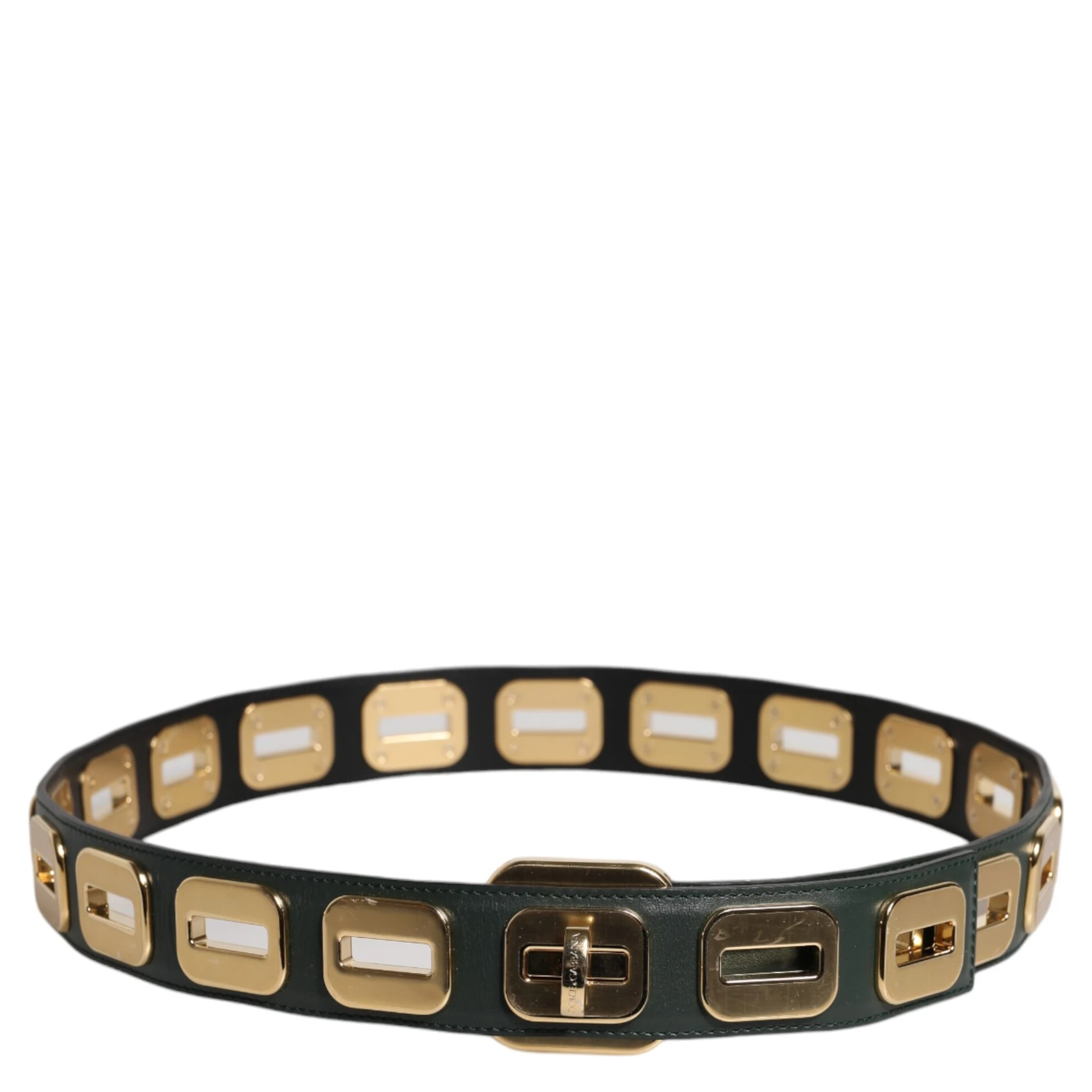 Green Leather Gold Tone Rotating Buckle Belt