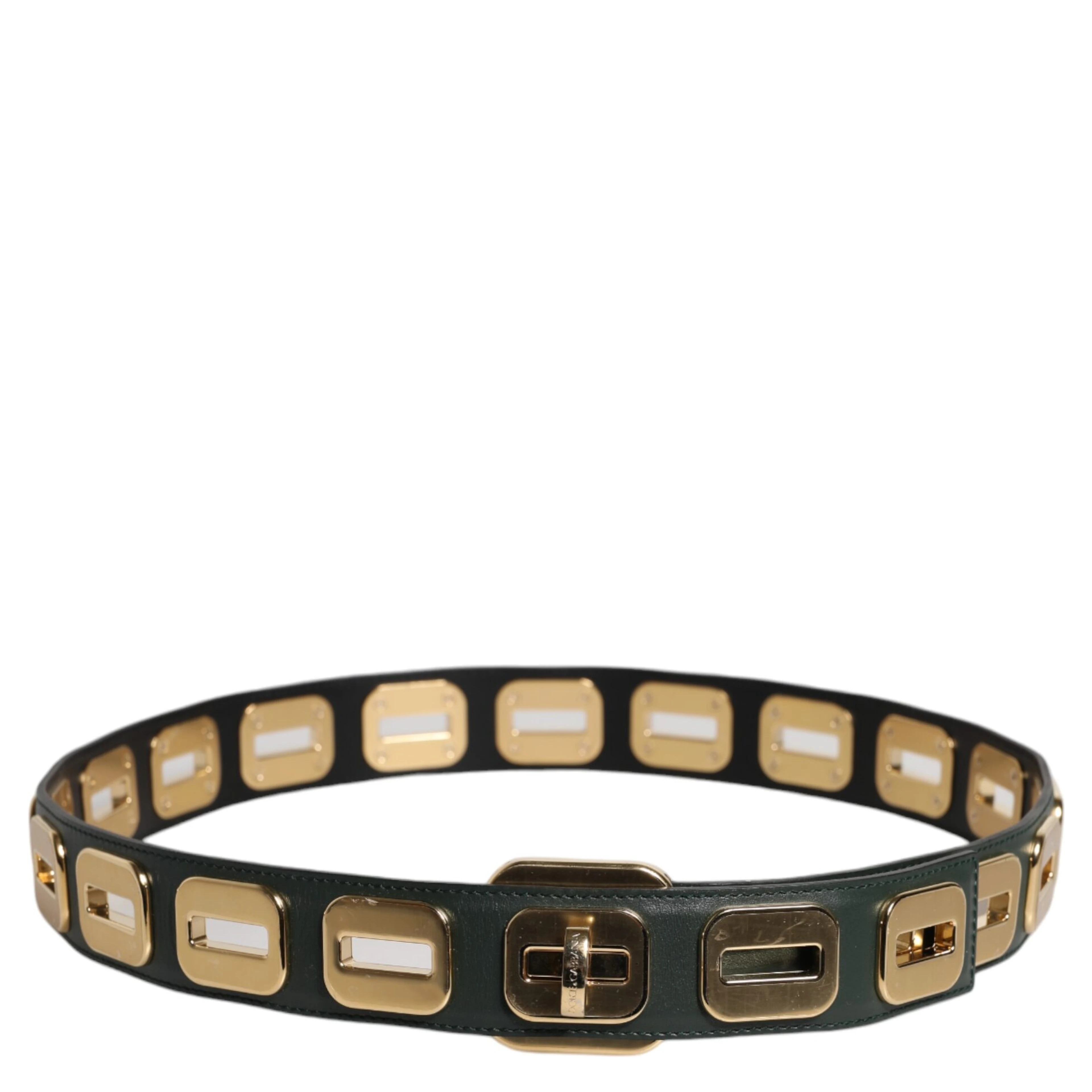 Green Leather Gold Tone Rotating Buckle Belt