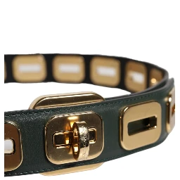 Green Leather Gold Tone Rotating Buckle Belt