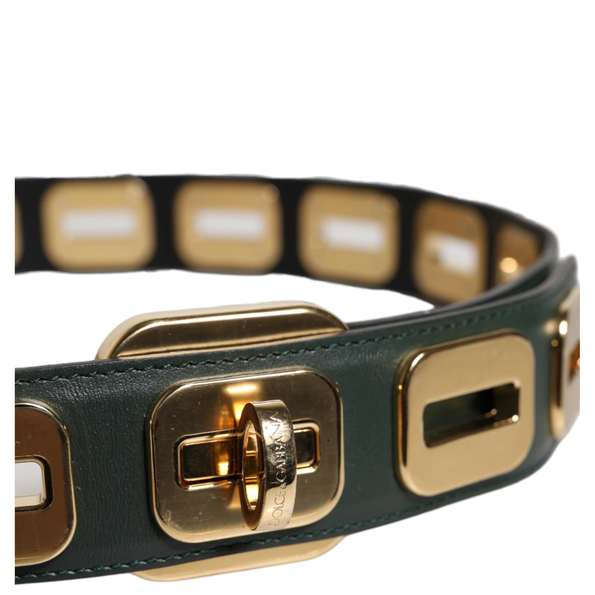 Green Leather Gold Tone Rotating Buckle Belt