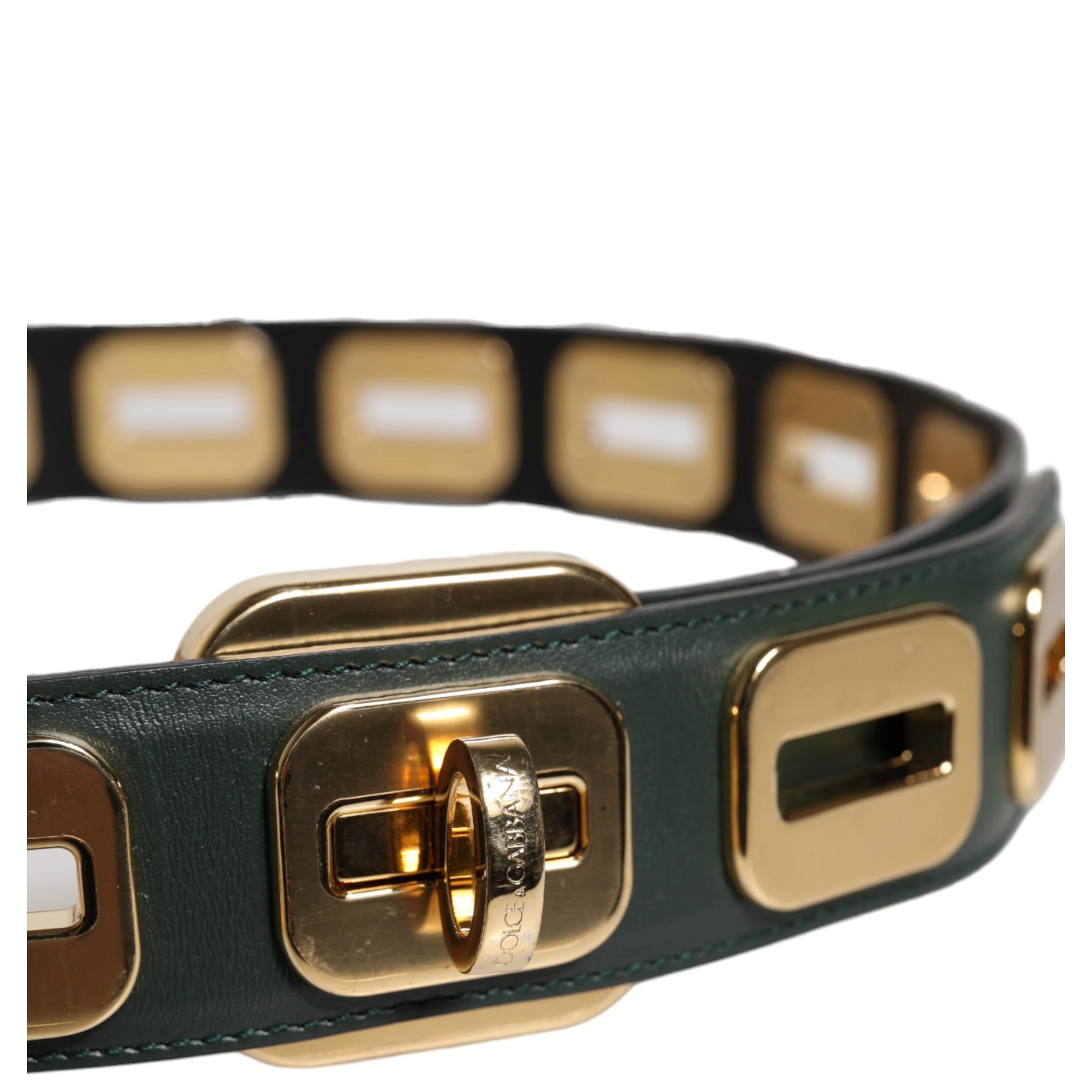 Green Leather Gold Tone Rotating Buckle Belt