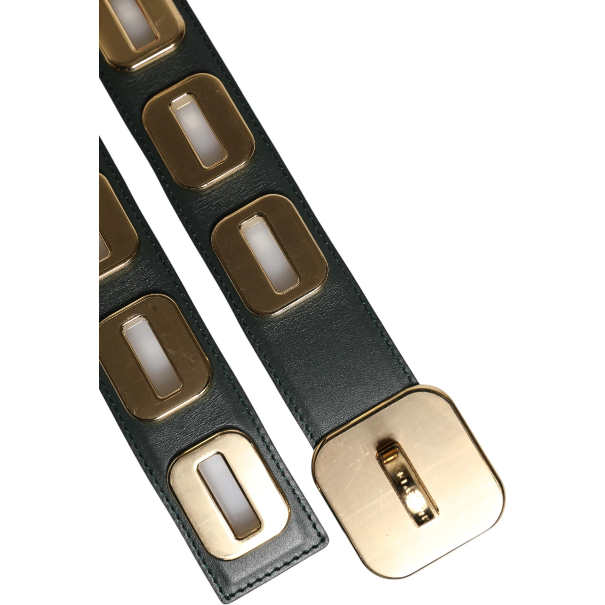 Green Leather Gold Tone Rotating Buckle Belt