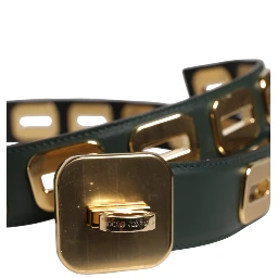 Green Leather Gold Tone Rotating Buckle Belt