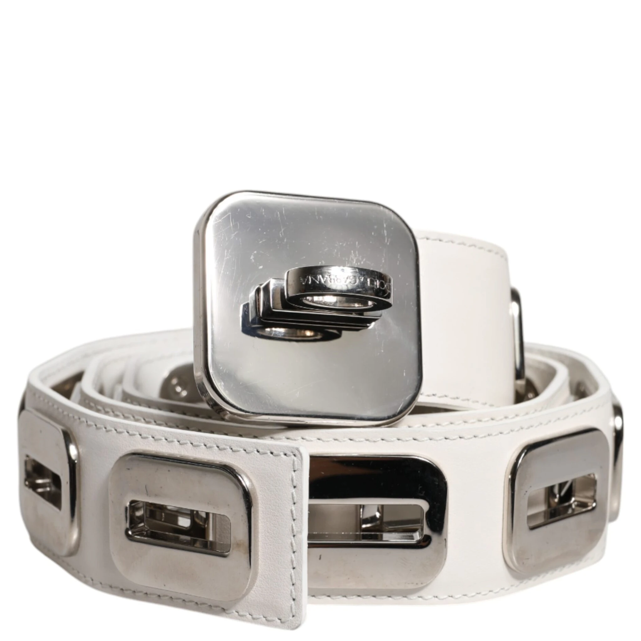 White Leather Gold Tone Rotating Buckle Belt