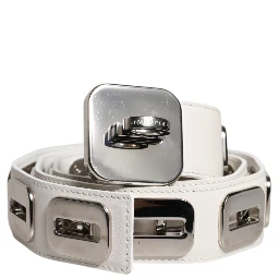 White Leather Gold Tone Rotating Buckle Belt