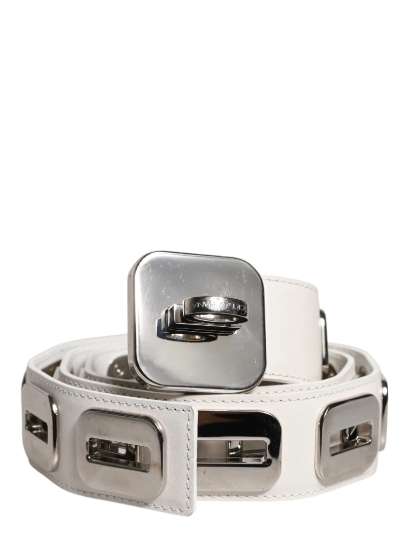 White Leather Gold Tone Rotating Buckle Belt