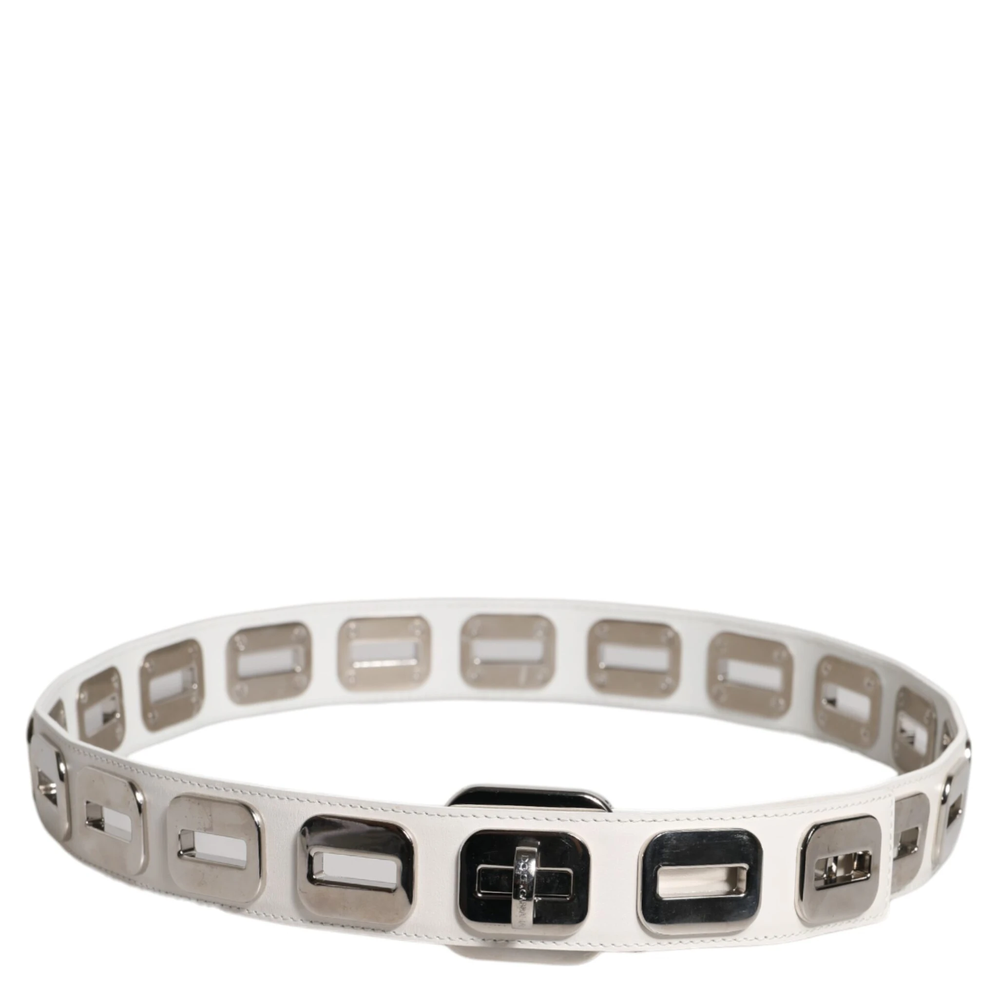 White Leather Gold Tone Rotating Buckle Belt